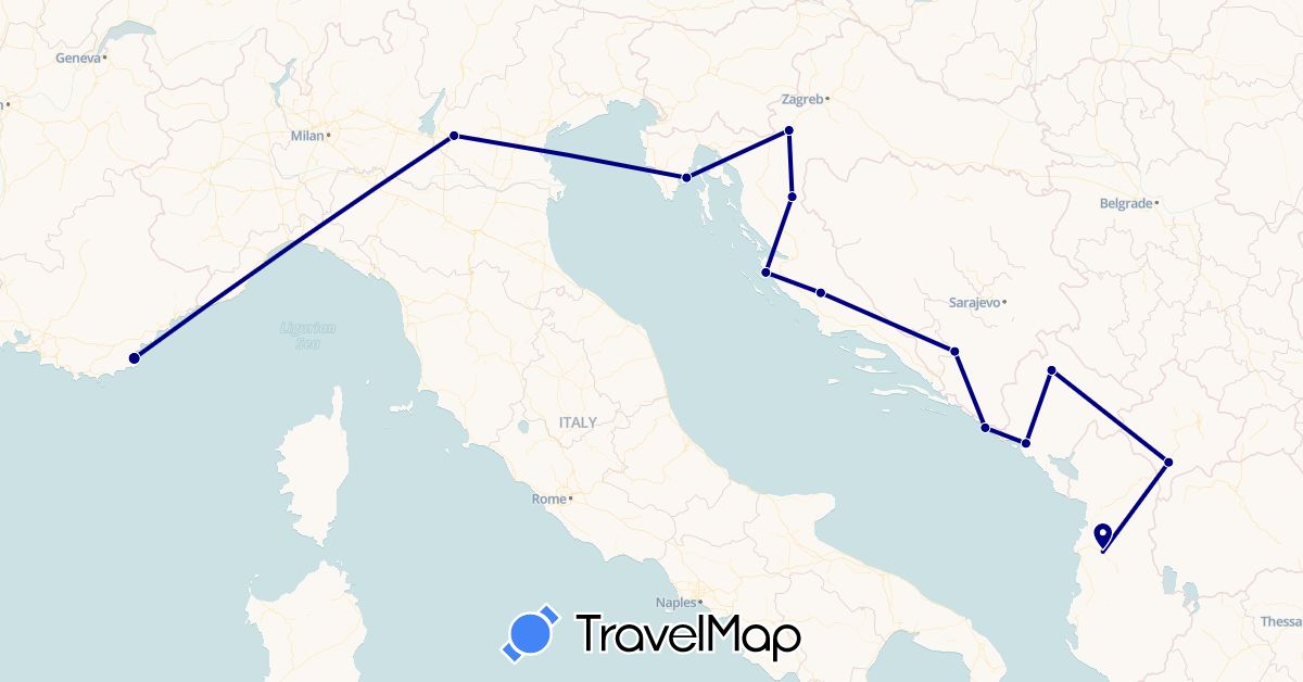 TravelMap itinerary: driving in Albania, Bosnia and Herzegovina, France, Croatia, Italy, Montenegro, Kosovo (Europe)